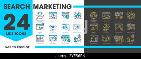 Sem icons. Search engine marketing vector line signs set. Target audience growth, increase sales, keywords, ranking or brand recognition. Pay per click, quality content, competitiveness and strategy Stock Vector