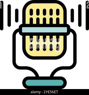 Retro style microphone is broadcasting sound waves in a colorful vector icon Stock Vector