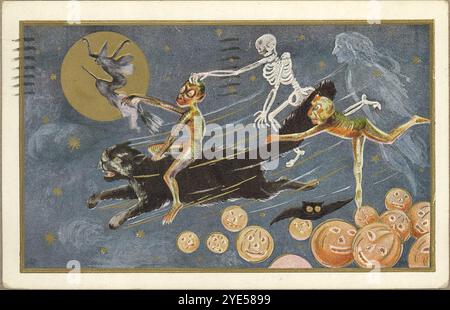 Vintage Archive Halloween Postcard, circa 1910s.  Featuring Ghouls and skeleton riding a black cat in sky.  1913 Stock Photo