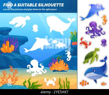 Underwater animals puzzle. Children educational game find match sea animal fish silhouette paper cut, funny board kid glue games cartoon dolphin whale octopus vector illustration original artwork Stock Vector