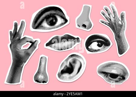 Halftone parts. Old newspaper collage grunge elements, eye mouth lip ear hand nose human body paper cut-out crazy punk dotted vintage poster, realistic exact vector illustration original artwork Stock Vector
