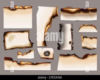 Paper burnt edges. Burn page border frame, burning ash stain realistic papers texture smoldering parchment torn rough edges fire effect scorched surface, exact vector illustration original artwork Stock Vector