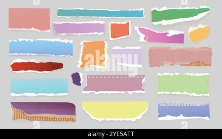 Realistic colorful torn notes. Colourful paper clipping, color scrap grunge uneven edge notebook newspaper ripped note cardboard tear sheet scrapbook page exact vector illustration original artwork Stock Vector