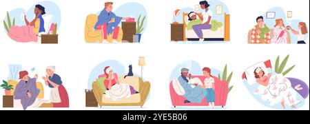 Sick recovered people. Ill family influenza home treatment recovering, weak coldness woman sickness man on couch sofa bed flu cold fever sneeze rhinitis, classy vector illustration original artwork Stock Vector