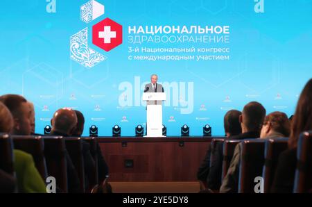 Moscow, Russia. 29th Oct, 2024. Russian President Vladimir Putin, delivers remarks at the plenary session of the 2024 National Healthcare Congress at the Kremlin, October 29, 2024 in Moscow, Russia. Credit: Mikhail Sinitsyn/Kremlin Pool/Alamy Live News Stock Photo