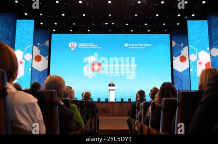 Moscow, Russia. 29th Oct, 2024. Russian President Vladimir Putin, delivers remarks at the plenary session of the 2024 National Healthcare Congress at the Kremlin, October 29, 2024 in Moscow, Russia. Credit: Mikhail Sinitsyn/Kremlin Pool/Alamy Live News Stock Photo