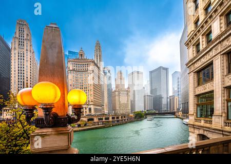 Chicago river rainy day architecture view, state of Illinois, USA Stock Photo