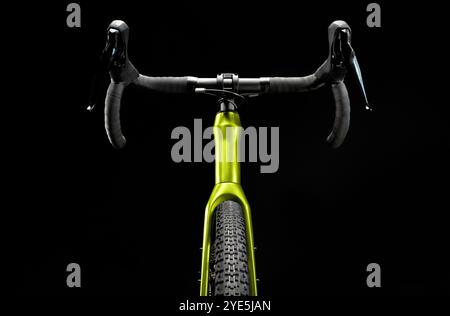 Silhouette of a gravel green bicycle with a modern design on a black background, front view. Cycling promotion. Stock Photo