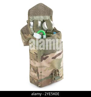 A set for first aid on the battlefield, in MultiCam camouflage. Military tactical equipment for paramedics. A battlefield first aid kit. Stock Photo
