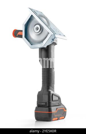 Angle grinder with a wood-cutting disc in motion on white background Stock Photo