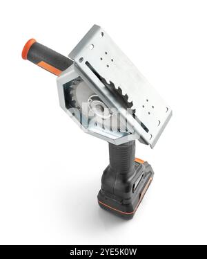 Angle grinder with a wood-cutting disc on white background Stock Photo