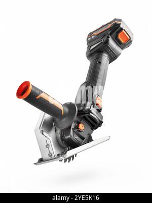 Angle grinder with a wood-cutting disc on white background Stock Photo