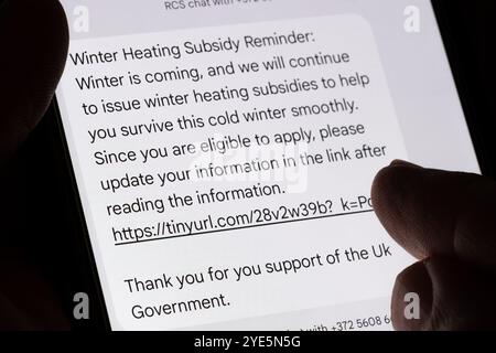 Close-up of genuine phishing text message falsely offering winter heating subsidy from UK government, highlighting fraud attempt through malicious lin Stock Photo
