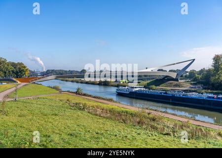 New bridge over the Rhine-Herne Canal and the Emscher, jump over the Emscher, bicycle and pedestrian bridge, 412 meters long, at the so-called Emscher Stock Photo