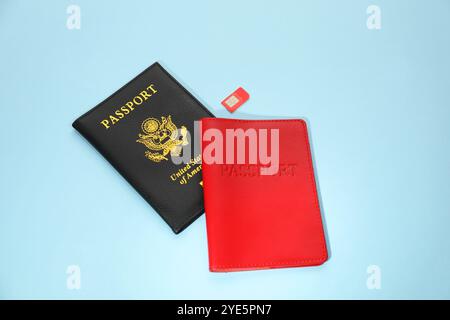 Modern SIM card and passport on light blue background Stock Photo