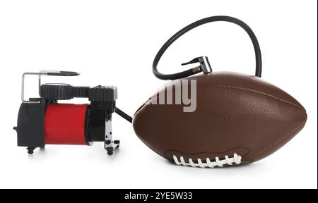 American football ball and air compressor isolated on white Stock Photo