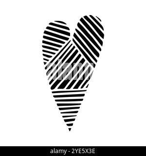 Thin Geometric Heart Icon with Hatched Lines Ornament. Hand-Drawn Abstract Doodle Love Icon. Black Solid Shape Isolated on a White Background. Stock Vector