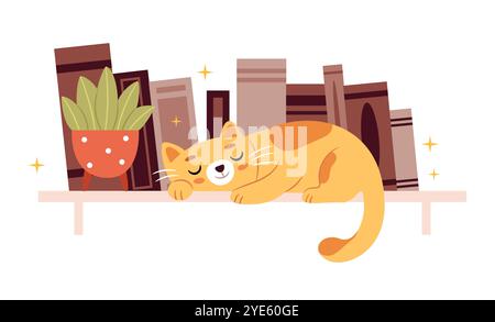 A red cat is sleeping on a bookshelf.Cute kitty sleeping on books Stock Vector