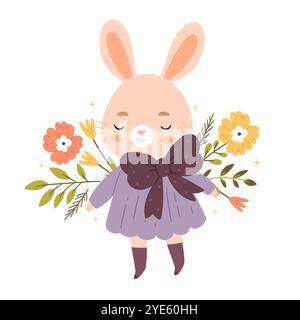 Vintage bunny with a big bow and in a dress.Cartoon banner, sweet Retro Happy Easter spring animal. Stock Vector