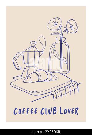 Modern poster. Blue sketch of still life with coffee and croissant.Cafe doodles, branch and lunch dishes.Modern trendy sketch outline elements. Stock Vector
