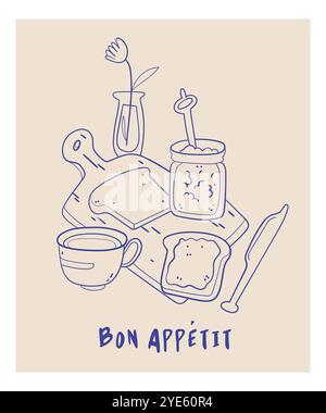 Modern poster. Blue still life sketch.Cafe doodles, branch and lunch dishes.Modern trendy sketch outline elements. Stock Vector