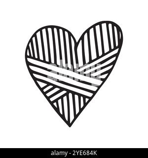 Abstract Doodle Love Icon. Black Contour Shape, Hand-Drawn Style. Geometric Heart Decorated with Hatched Lines. Stock Vector