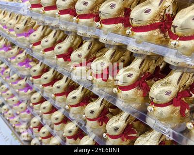 many golden chocolate Easter bunnies in a supermarket Stock Photo