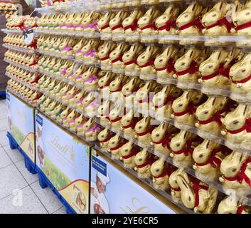 many golden chocolate Easter bunnies in a supermarket Stock Photo