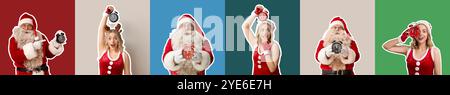 Collage of Santa Claus and woman in Christmas costume on color background Stock Photo