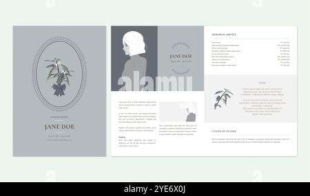 Floral memorial and funeral invitation card template design, lime leaves, grey tone Stock Vector