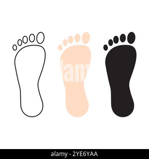 Footprint symbols. Human foot shapes. Vector barefoot icons. Three style variations. Stock Vector