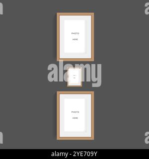 Three of  wood frame of photo on dark wall mock up design, picture frames vector on the wall  mock up vector illustration Stock Vector