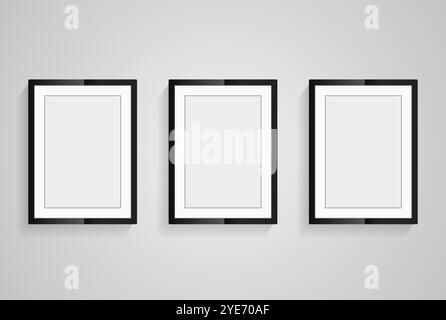 Three set of frame on white wall mock up design, three realistic frames vector for Interior Black Blank, and Wooden Poster Picture Frames Hanging on t Stock Vector