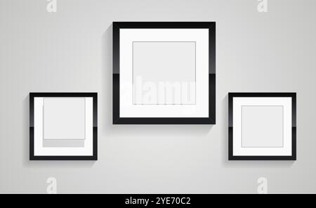 Three rectangles frame of picture in on wall art decorection design vector, groups of three black blank Realistic rectangle blank black picture frames Stock Vector