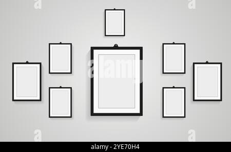 Groups of Realistic blank black picture frames with shadow collection isolated on the white wall, Set of modern poster frames mockup. Empty photo fram Stock Vector