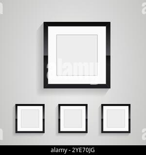wall art of photo frames, four rectangles frame of picture on white wall decorection design vector, groups of three black blank Realistic rectangle bl Stock Vector