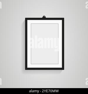 A picture black frame hanging on the white wall for mock up design, modern black blank photo frame in diferent sizes in vector illustration Stock Vector