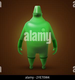 Senior Super Hero Robot Defender of the Universe. Tough Green Fat Bot Humanoid Mascot Character Illustration on Dark Backdrop Stock Vector