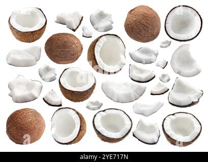 Coconuts isolated on white, collage. Whole and pieces Stock Photo