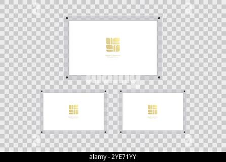 Three Acrylic frames mockup in glass plate, used for poster, stickers, wall art, print style of photo, realistic mockup isolated hanging on transparen Stock Vector