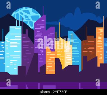 Metropolitan city cyberpunk retrowave vaporwave theme futuristic concept buildings element urban graphic style design Stock Vector