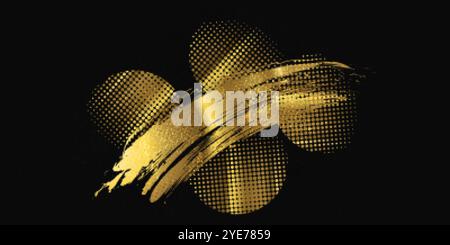 Luxury Gold Grunge Brush Strokes with Texture and Halftone Effect Isolated on Black Background. Brush Stroke Illustration for Banner, Poster, or Sport Stock Vector