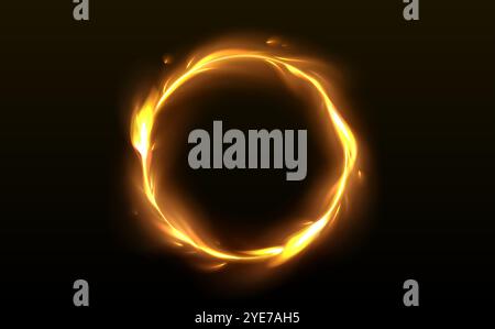 Round fire frame isolated on black background. Vector realistic illustration of flame ring glowing and sparkling in darkness, circular fiery border for magic circus show, heat energy vortex, firework Stock Vector
