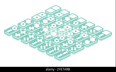 Isometric domino set. Vector illustration. Outline objects isolated on white. Stock Vector