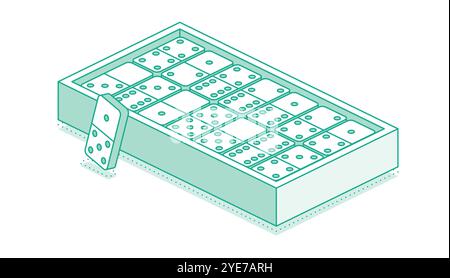 Isometric domino set in box. Vector illustration. Outline objects isolated on white. Stock Vector