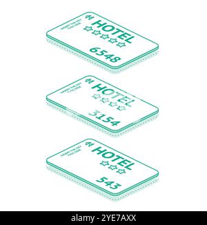 Isometric plastic hotel key card. Electronic system for lock and unlock door. Vector illustration. Outline objects. Stock Vector