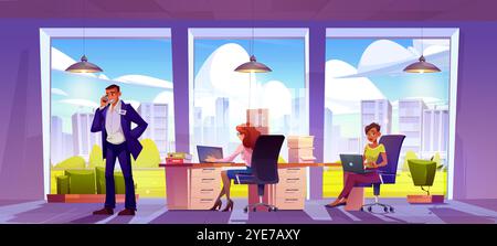 People working in company office. Vector cartoon illustration of male boss talking on phone, female managers working on laptops, sitting at desks with documents, modern summer cityscape view in window Stock Vector