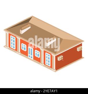 Isometric red building with multiple windows, door and a brown roof. City architecture. Vector illustration. Real estate. Stock Vector