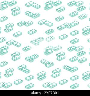 Seamless pattern with isometric domino. Vector illustration. Outline objects isolated on white. Stock Vector