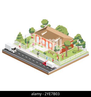 Isometric residential one storey building with people, road and trees. Icon or infographic element. Vector illustration. City home. Stock Vector